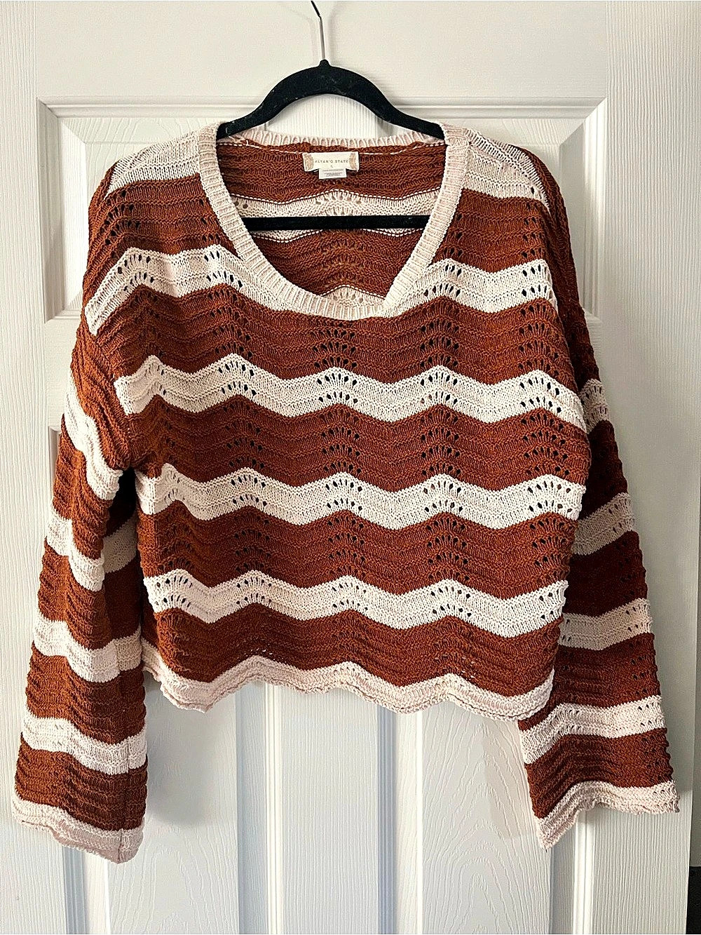 Altar'd State Striped Crochet Crop Sweater Brown & Cream Small